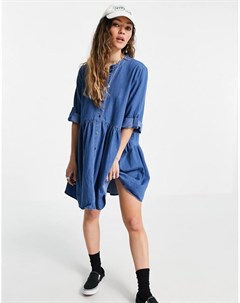 Светло голубое платье рубашка мини из денима с воротником с застежкой на пуговицу Only