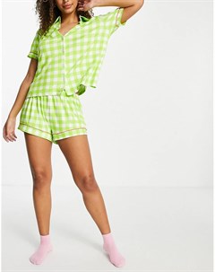 Пижама из экологического трикотажа с рубашкой с отложным воротником и шорт в клетку Chelsea peers