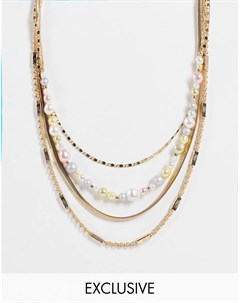 Золотистое ярусное ожерелье с искусственным жемчугом пастельных оттенков и цепочками в стиле унисекс Reclaimed vintage