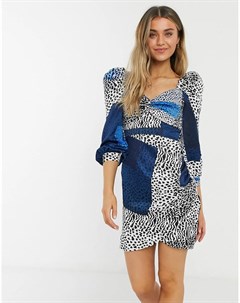 Платье мини с присборенными рукавами леопардовым и прямоугольным принтом синего цвета Liquorish