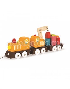 Каталка игрушка на веревочке Поезд с краном и цветными фигурами Janod