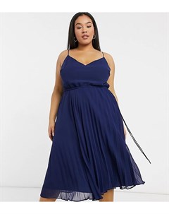 Темно синее плиссированное платье миди на бретелях с поясом ASOS DESIGN Curve Asos curve