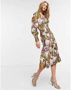 Платье миди с квадратным вырезом присборенным лифом и цветочным принтом Y.a.s
