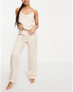 Атласный пижамный комплект кремового цвета из майки и штанов с цветочным принтом Loungeable