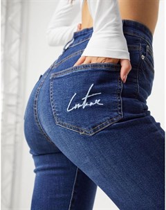 Синие джинсы скинни с рваной отделкой завышенной талией и логотипом The couture club