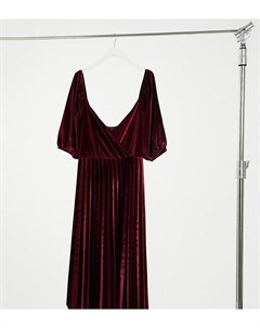 Плиссированное бархатное платье миди темно бордового цвета с запахом и пышными рукавами ASOS DESIGN  Asos curve