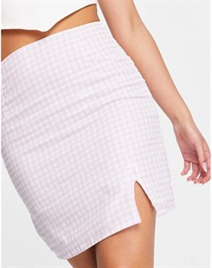 Сиреневая мини юбка из ткани с добавлением льна с разрезом по краю и принтом в клетку Asos design