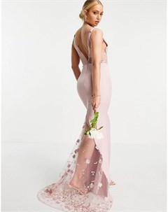Платье макси нежно розового цвета с кружевным вставками с объемным цветочным узором Jarlo