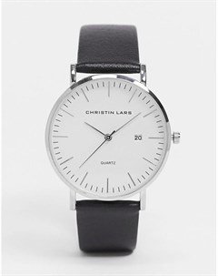 Серебристые часы с белым циферблатом и черным кожаным ремешком Christin lars