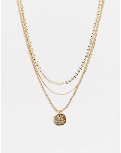 Золотистое ожерелье цепочка в несколько рядов с подвеской в виде монетки Pieces