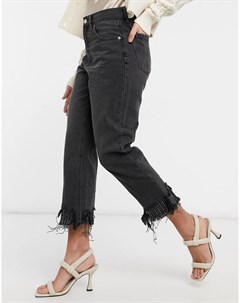 Укороченные прямые джинсы в стиле 90 х выцветшего черного цвета с отделкой бисером по низу штанин Blue revival