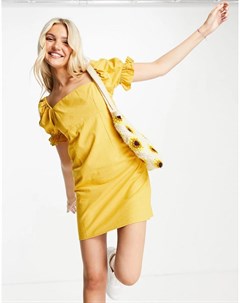 Желтое платье мини в клетку с квадратным вырезом и присборенными рукавами Skylar rose