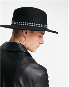 Черная шляпа с плоской круглой тульей широкими полями отделкой заклепками и регулятором размера Asos design