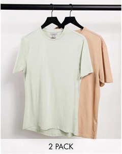 Набор из 2 облегающих футболок светло бежевого и шалфейно зеленого цвета Another influence