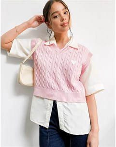 Укороченный вязаный косами жилет свитер розового цвета London Minga
