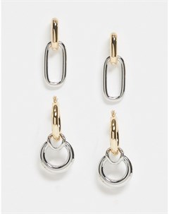 Набор из 2 пар серебристо золотистых сережек колец с овальными и круглыми звеньями Asos design
