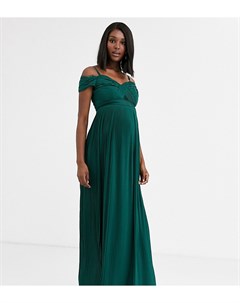 Темно зеленое платье макси с кружевом складками и открытыми плечами ASOS DESIGN Maternity Asos maternity