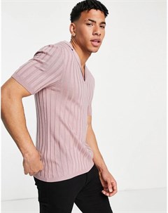 Пыльно розовая трикотажная футболка поло в рубчик с отложным воротником Asos design