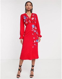 Красное чайное платье миди на пуговицах с вышивкой Asos design