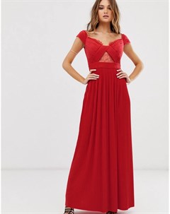 Ярко красное плиссированное платье с открытыми плечами и кружевом Premium Asos design