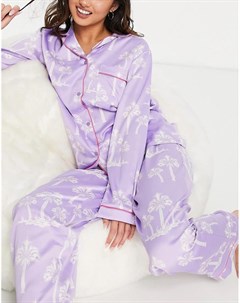 Сиреневый атласный пижамный комплект с принтом пальм Wellness Project x Chelsea Peers The wellness project