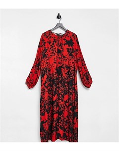 Платье миди с длинными рукавами и разрезом красного цвета с контрастным черным цветочным рисунком Closet london plus