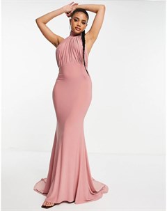 Ярко розовое платье макси с открытой спиной бретелью через шею и юбкой годе Club l london