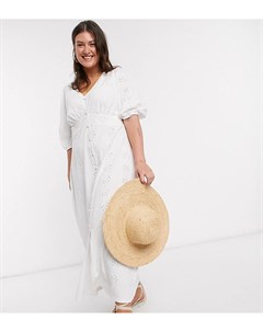 Белое чайное платье макси с пышными рукавами и вышивкой ришелье ASOS DESIGN Curve Asos curve