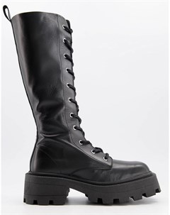 Черные кожаные сапоги до колена на шнуровке с квадратным носком Celina Asos design