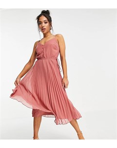 Розовое платье миди на бретельках со шнурком на талии с пуговицами на лифе и плиссированной юбкой AS Asos petite