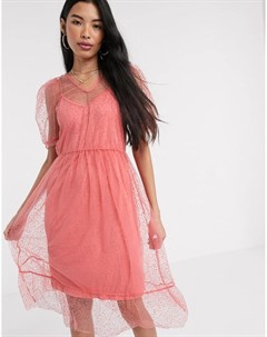 Розовое платье миди в горошек из сетчатой ткани Vero moda