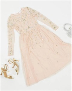 Светло розовое платье миди с длинными рукавами и отделкой Frock Frill Frock and frill