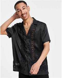 Черная атласная рубашка свободного кроя с отложным воротником и кружевными вставками Asos design