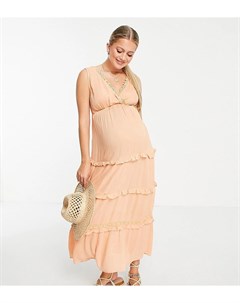 Персиковое ярусное платье макси из жатой ткани без рукавов с кружевными вставками ASOS DESIGN Matern Asos maternity