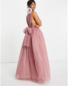 Розовое платье макси из тюля с глубоким вырезом и бантом сзади Asos design