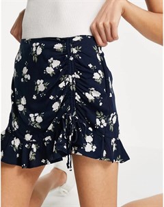 Темно синяя расклешенная мини юбка со сборками и цветочным принтом Hollister