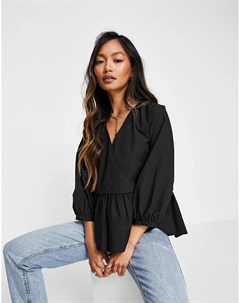 Черная блузка с запахом и баской Asos design