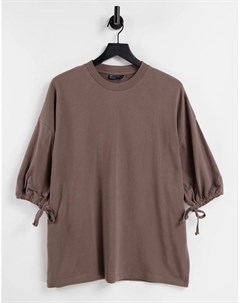 Светло коричневая плотная oversized футболка с рукавами до локтя и шнурком Asos design
