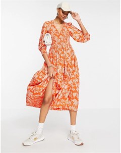 Ярко оранжевое платье миди с присборенной юбкой и цветочным принтом Y.a.s
