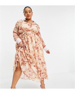 Нежно розовое платье рубашка с воротником запахом и заниженным подолом и цветочным принтом Hope & ivy plus