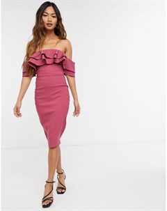 Розовое облегающее платье миди с открытыми плечами и оборками Vesper