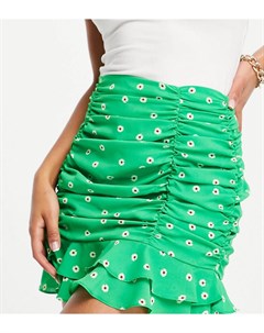 Эксклюзивная зеленая расклешенная мини юбка со сборками и принтом ромашек от комплекта Collective the label petite