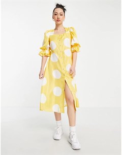 Желтое платье миди с квадратным вырезом объемными рукавами и белым пятнистым принтом Vero moda