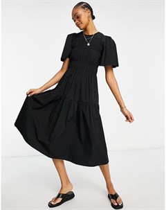 Черное платье миди из органического хлопка с присборенной вставкой Y.a.s