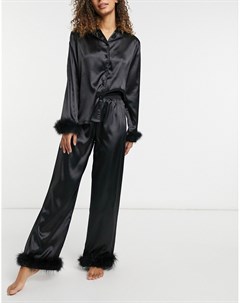 Атласный пижамный комплект черного цвета из рубашки и брюк с отделкой искусственными перьями Night
