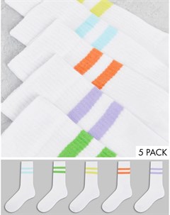Набор из 5 пар белых спортивных носков с цветными полосками Asos design