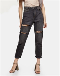 Черные выбеленные джинсы в винтажном стиле с двойной рваной отделкой на коленях Topshop