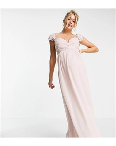 Нежно розовое платье макси с драпировкой на талии расклешенными рукавами и декоративной отделкой Little mistress maternity