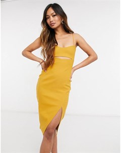 Желтое облегающее платье миди с разрезом сбоку Vesper