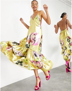 Длинное платье трапеция с многоуровневым низом и золотистым цветочным принтом Asos edition